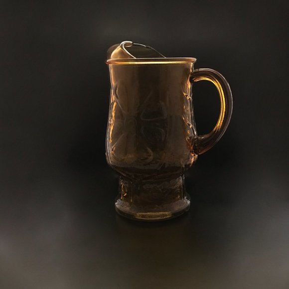 VTG Libbey Glass Co  Amber Glass Pitcher Country Garden Pattern  64 oz Ice Lip - Picture 2 of 3